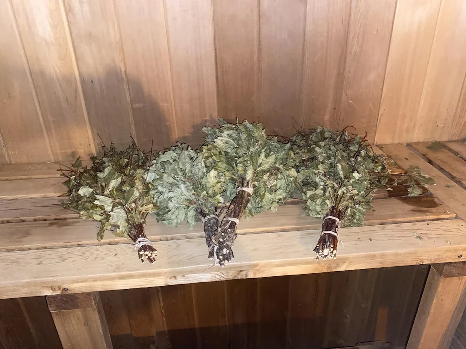 Traditional venik bundles resting on sauna bench