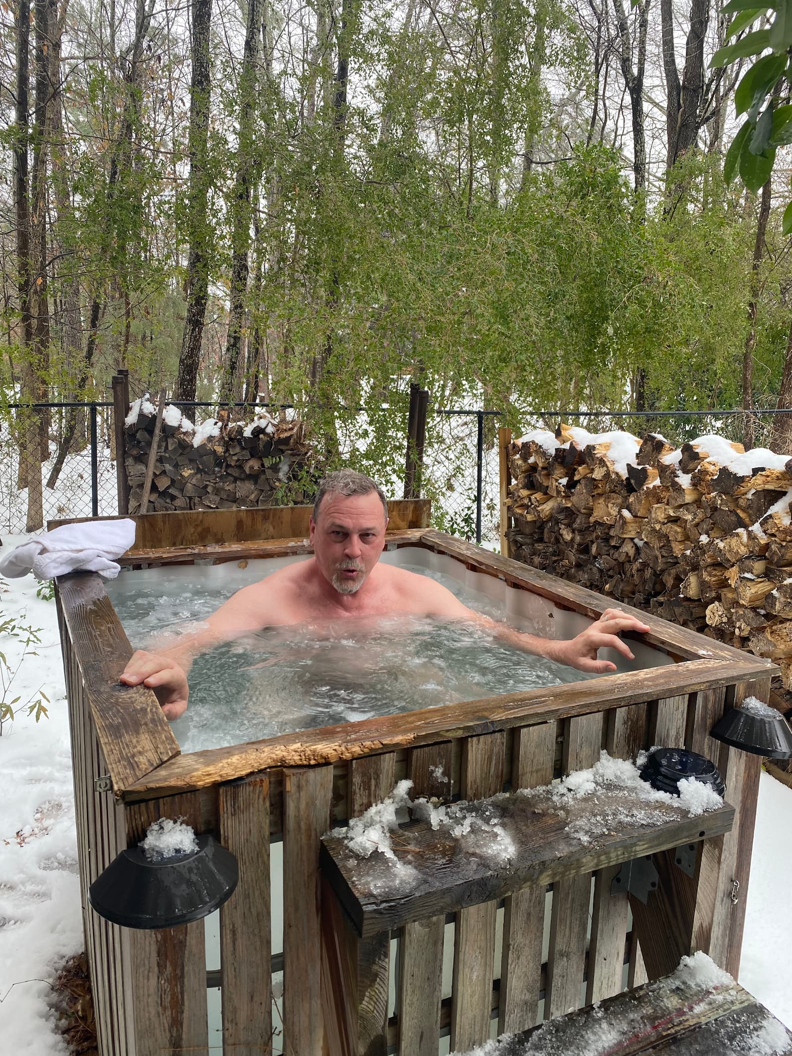 Outdoor cold plunge in winter beside the banya